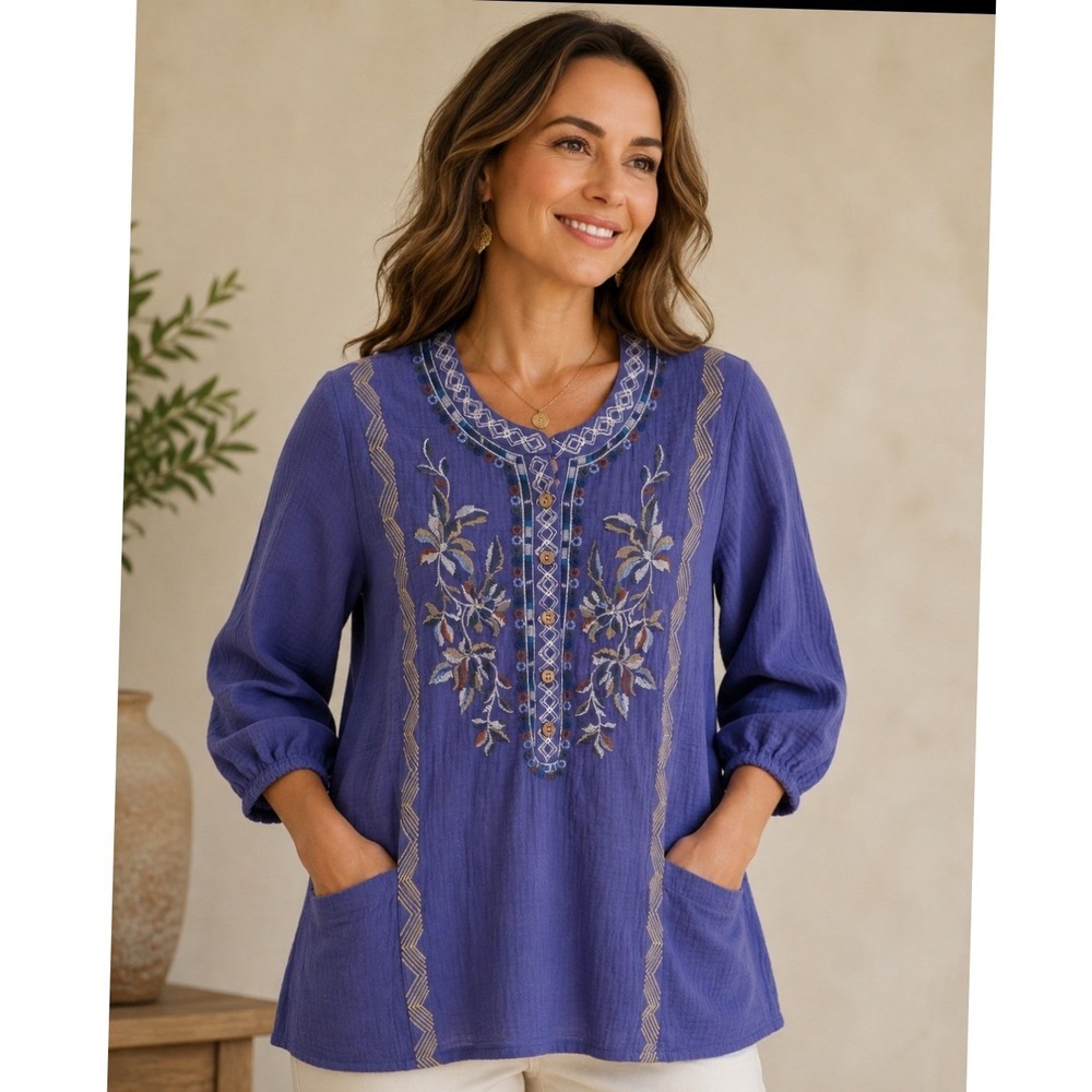 Coldwater Creek Purple Cotton Crinkle Gauze Embroidered Tunic Top Petite Medium